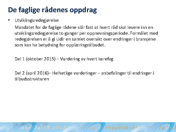 De faglige rådenes oppdrag • Utviklingsredegjørelse Mandatet for de faglige rådene slår fast at