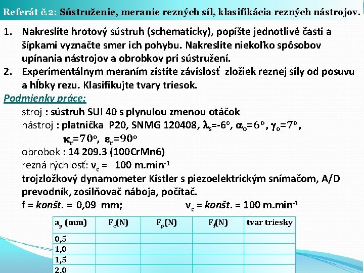 Referát č. 2: Sústruženie, meranie rezných síl, klasifikácia rezných nástrojov. 1. Nakreslite hrotový sústruh