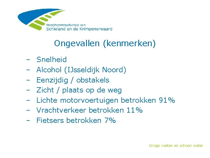 Ongevallen (kenmerken) – – – – Snelheid Alcohol (IJsseldijk Noord) Eenzijdig / obstakels Zicht