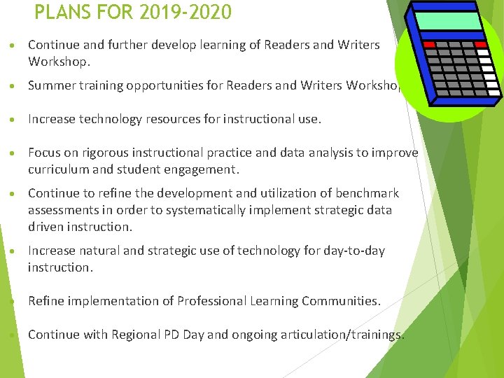 PLANS FOR 2019 -2020 Continue and further develop learning of Readers and Writers Workshop.