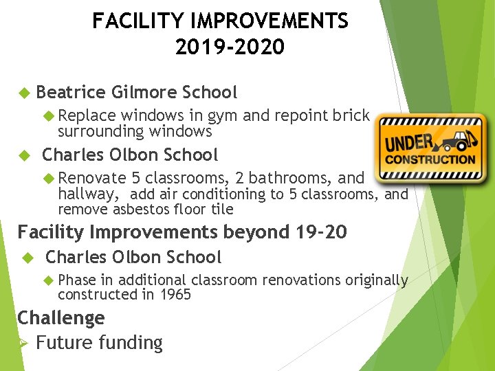 FACILITY IMPROVEMENTS 2019 -2020 Beatrice Gilmore School Replace windows in gym and repoint brick