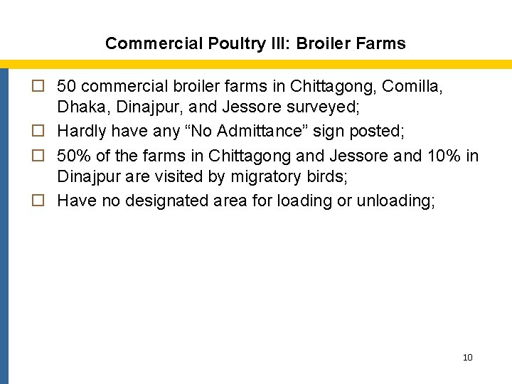 Commercial Poultry III: Broiler Farms o 50 commercial broiler farms in Chittagong, Comilla, Dhaka,
