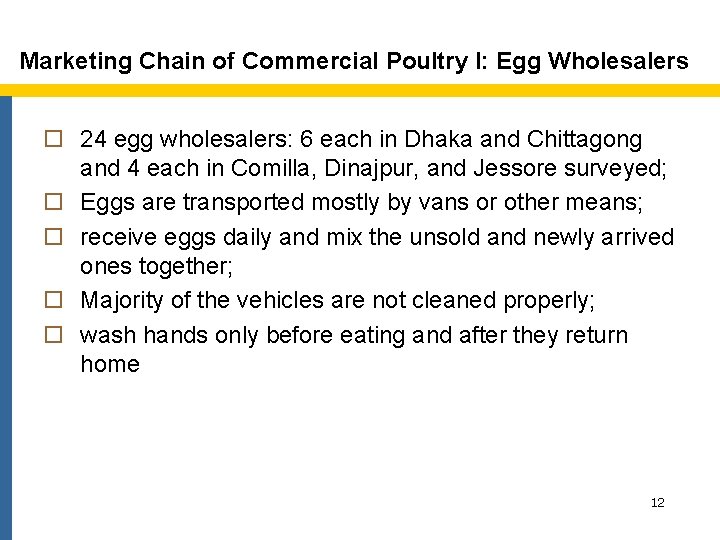 Marketing Chain of Commercial Poultry I: Egg Wholesalers o 24 egg wholesalers: 6 each