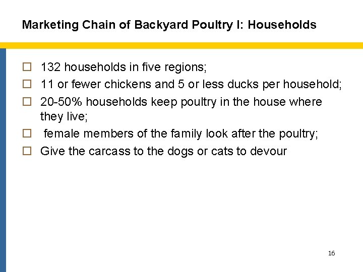 Marketing Chain of Backyard Poultry I: Households o 132 households in five regions; o
