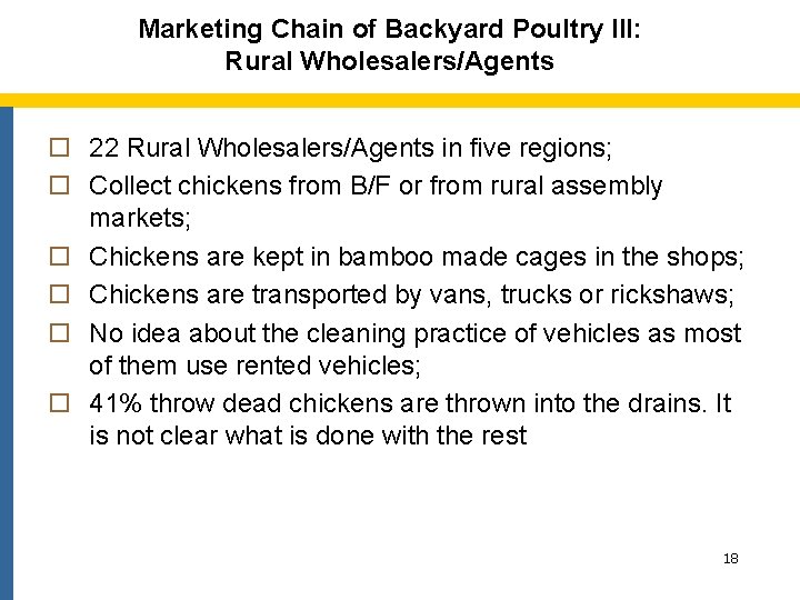Marketing Chain of Backyard Poultry III: Rural Wholesalers/Agents o 22 Rural Wholesalers/Agents in five