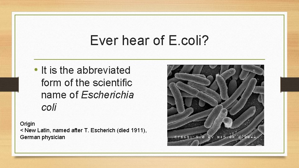 Ever hear of E. coli? • It is the abbreviated form of the scientific