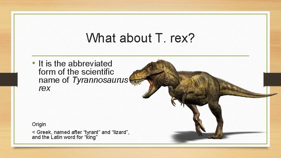 What about T. rex? • It is the abbreviated form of the scientific name