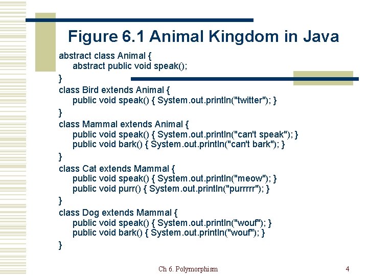 Figure 6. 1 Animal Kingdom in Java abstract class Animal { abstract public void