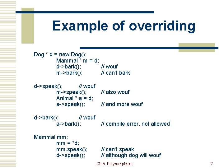 Example of overriding Dog * d = new Dog(); Mammal * m = d;