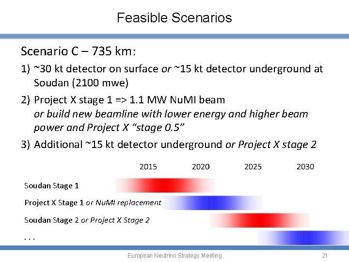 Feasible Scenarios Scenario C – 735 km: 1) ~30 kt detector on surface or