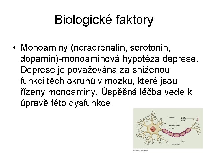 Biologické faktory • Monoaminy (noradrenalin, serotonin, dopamin)-monoaminová hypotéza deprese. Deprese je považována za sníženou