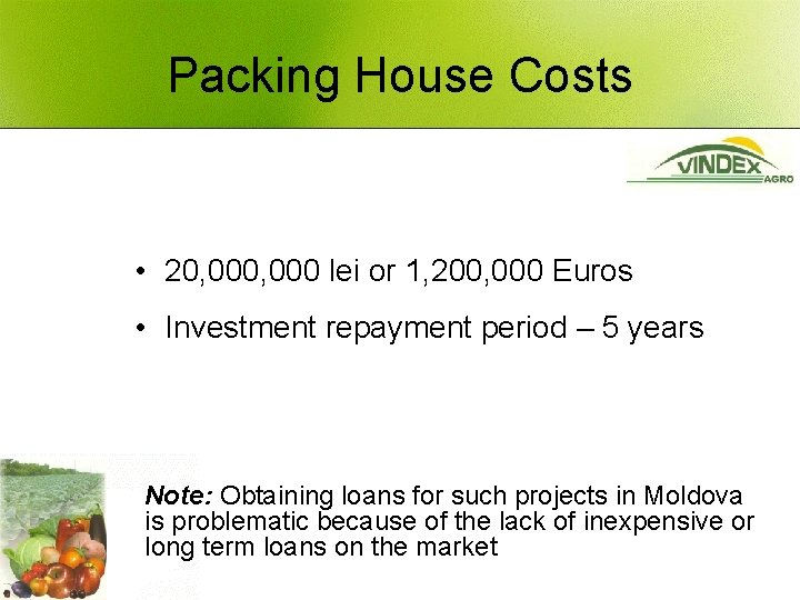 Packing House Costs • 20, 000 lei or 1, 200, 000 Euros • Investment