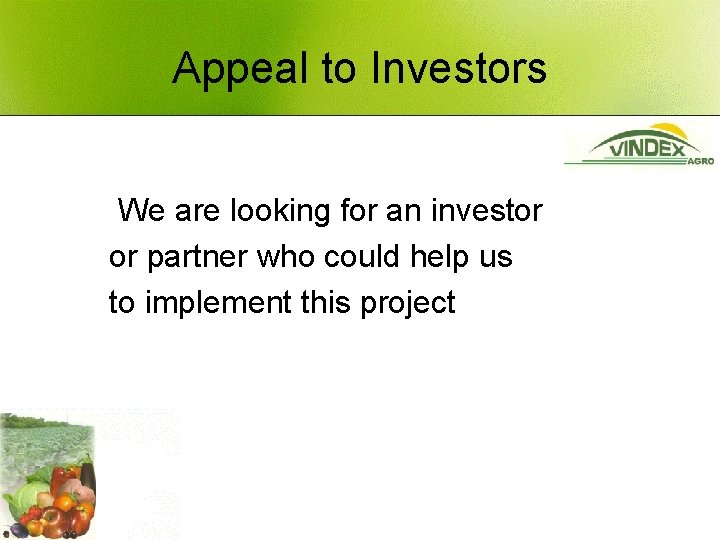 Appeal to Investors We are looking for an investor or partner who could help