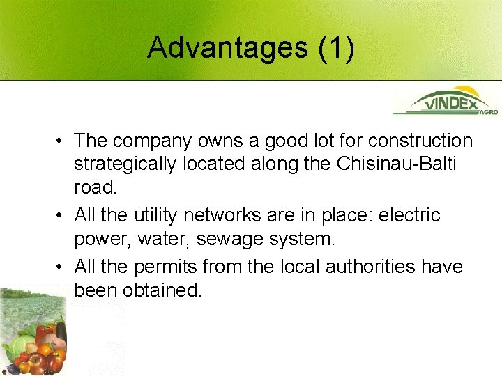 Advantages (1) • The company owns a good lot for construction strategically located along