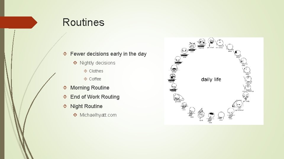 Routines Fewer decisions early in the day Nightly decisions Clothes Coffee Morning Routine End