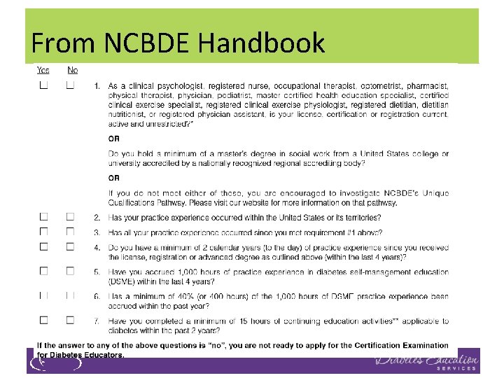 From NCBDE Handbook 