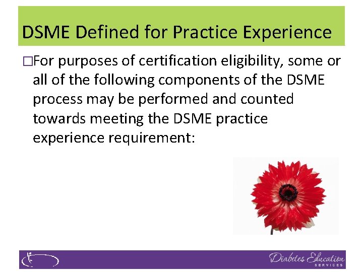 DSME Defined for Practice Experience �For purposes of certification eligibility, some or all of