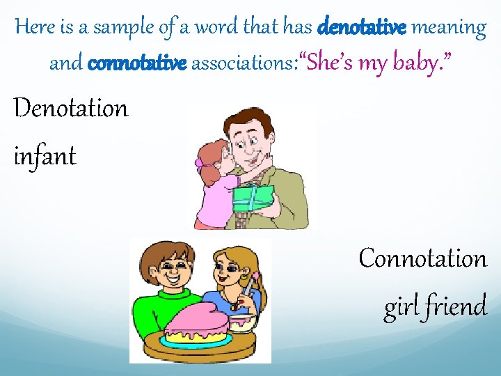 Here is a sample of a word that has denotative meaning and connotative associations: