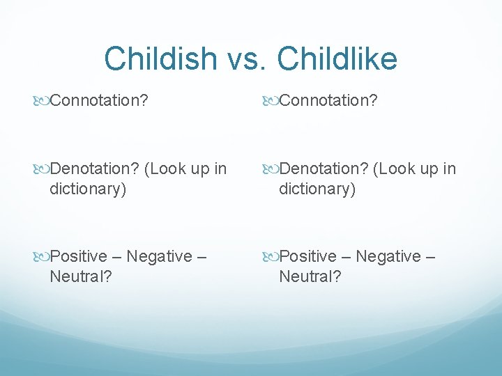 Childish vs. Childlike Connotation? Denotation? (Look up in dictionary) Positive – Negative – Neutral?