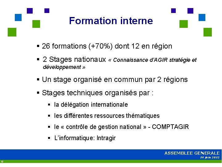 Formation interne § 26 formations (+70%) dont 12 en région § 2 Stages nationaux