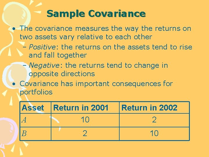 Sample Covariance • The covariance measures the way the returns on two assets vary