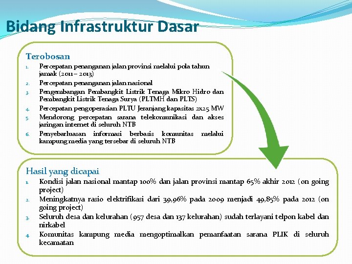Bidang Infrastruktur Dasar Terobosan 1. 2. 3. 4. 5. 6. Percepatan penanganan jalan provinsi