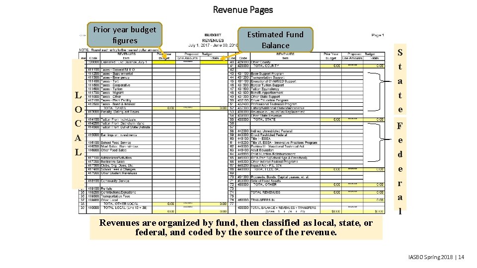 Revenue Pages Prior year budget figures Estimated Fund Balance L O C A L