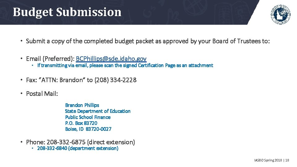 Budget Submission • Submit a copy of the completed budget packet as approved by