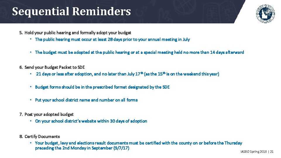 Sequential Reminders 5. Hold your public hearing and formally adopt your budget • The