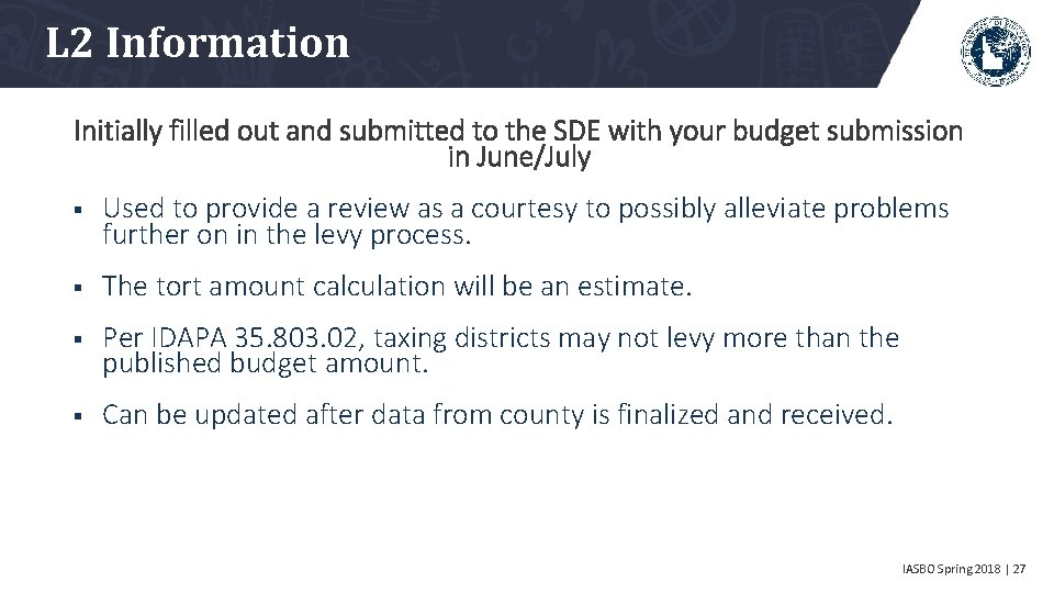 L 2 Information Initially filled out and submitted to the SDE with your budget
