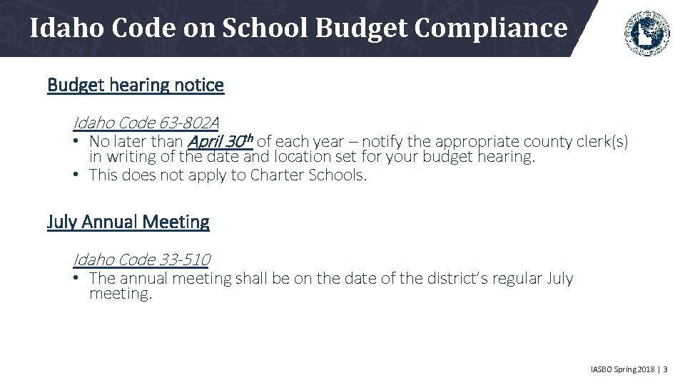 Idaho Code on School Budget Compliance Budget hearing notice Idaho Code 63 -802 A