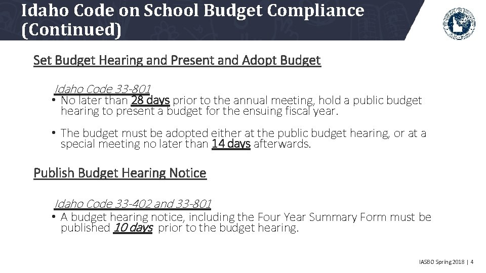 Idaho Code on School Budget Compliance (Continued) Set Budget Hearing and Present and Adopt