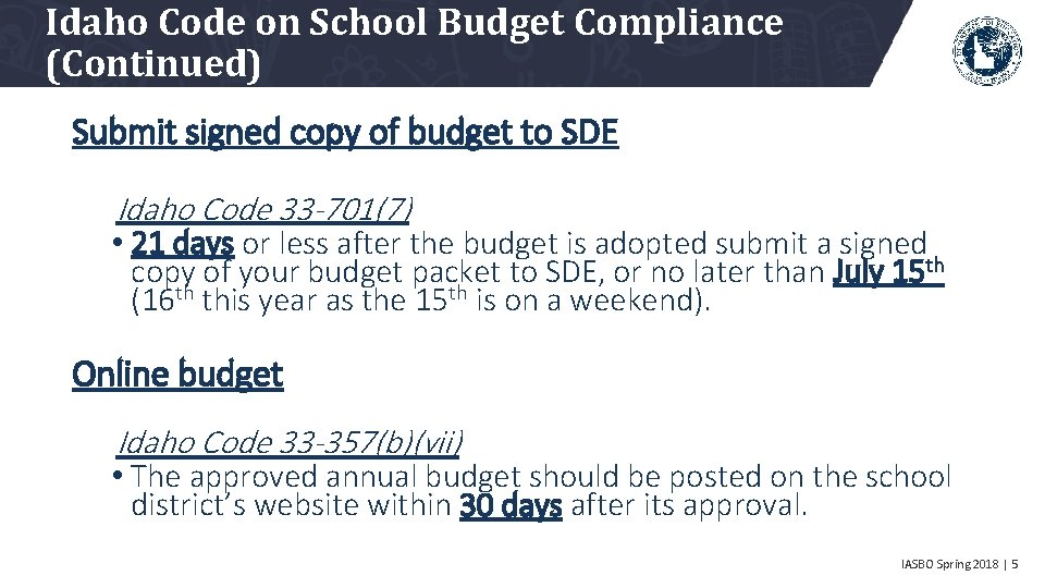 Idaho Code on School Budget Compliance (Continued) Submit signed copy of budget to SDE
