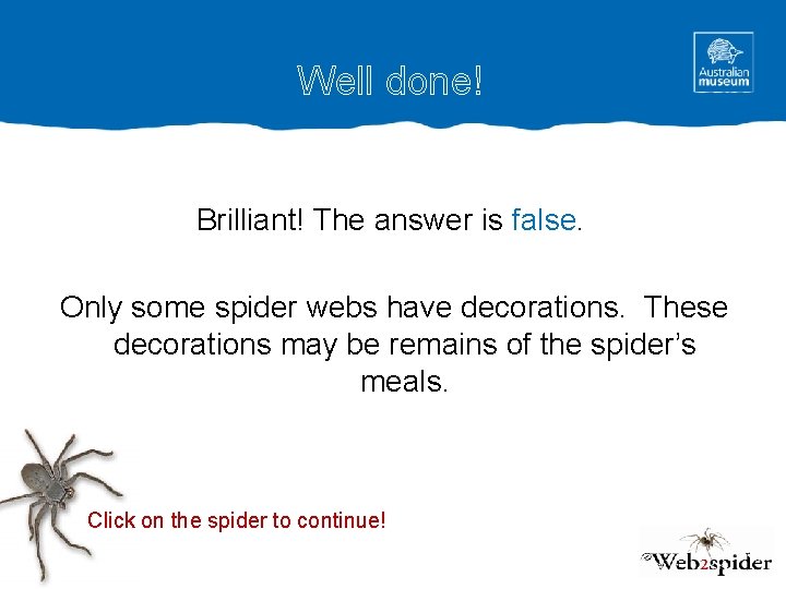 Well done! Brilliant! The answer is false. Only some spider webs have decorations. These