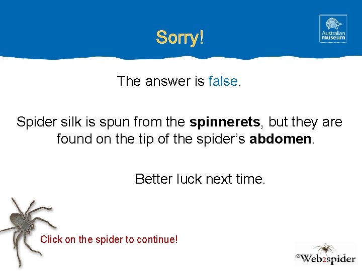Sorry! The answer is false. Spider silk is spun from the spinnerets, but they
