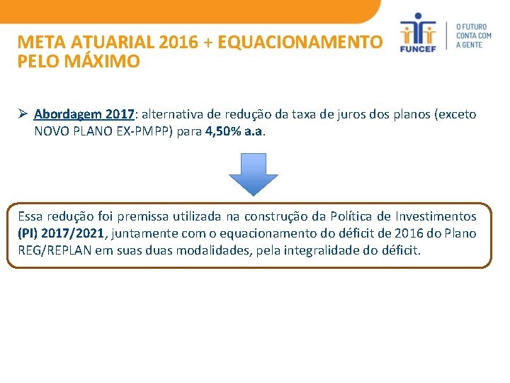 META ATUARIAL 2016 + EQUACIONAMENTO PELO MÁXIMO Ø Abordagem 2017: alternativa de redução da