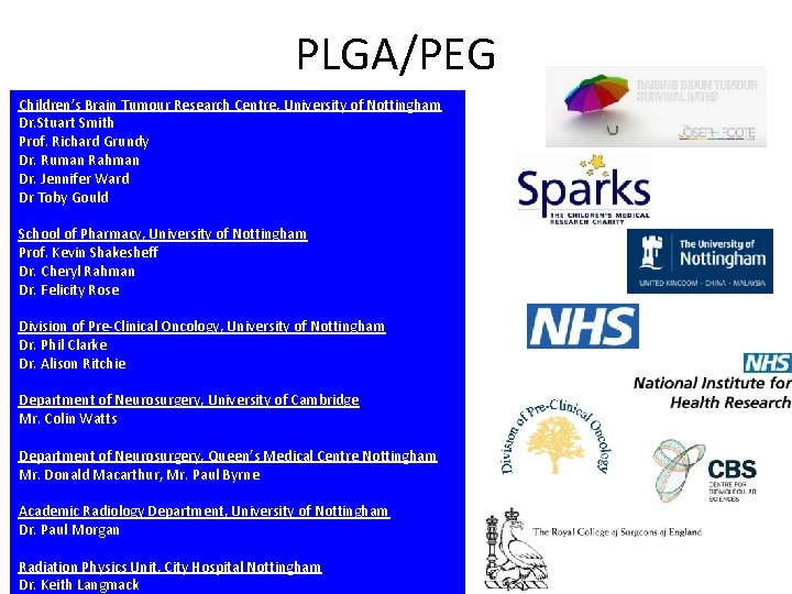 Team / Funding PLGA/PEG Children’s Brain Tumour Research Centre, University of Nottingham Dr. Stuart