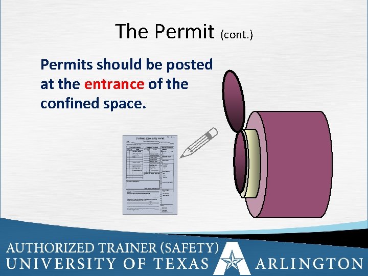 The Permit (cont. ) Permits should be posted at the entrance of the confined