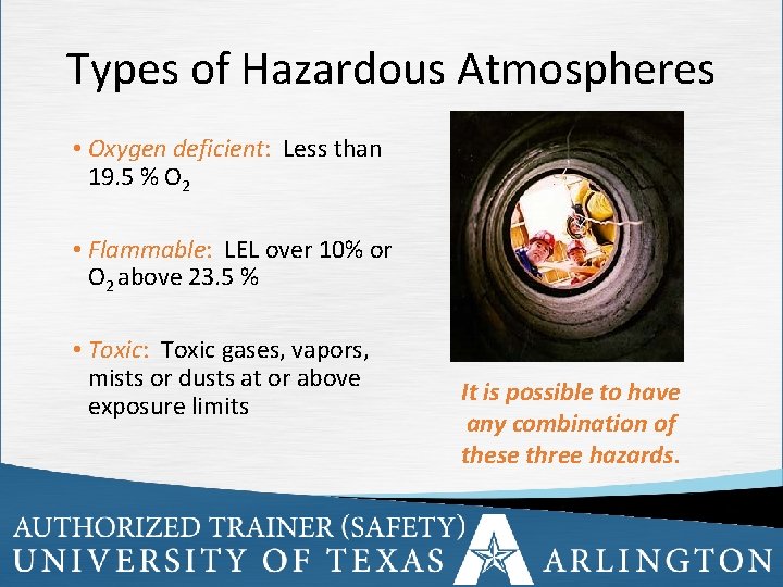 Types of Hazardous Atmospheres • Oxygen deficient: Less than 19. 5 % O 2