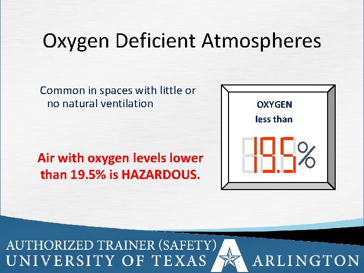 Oxygen Deficient Atmospheres Common in spaces with little or no natural ventilation OXYGEN less