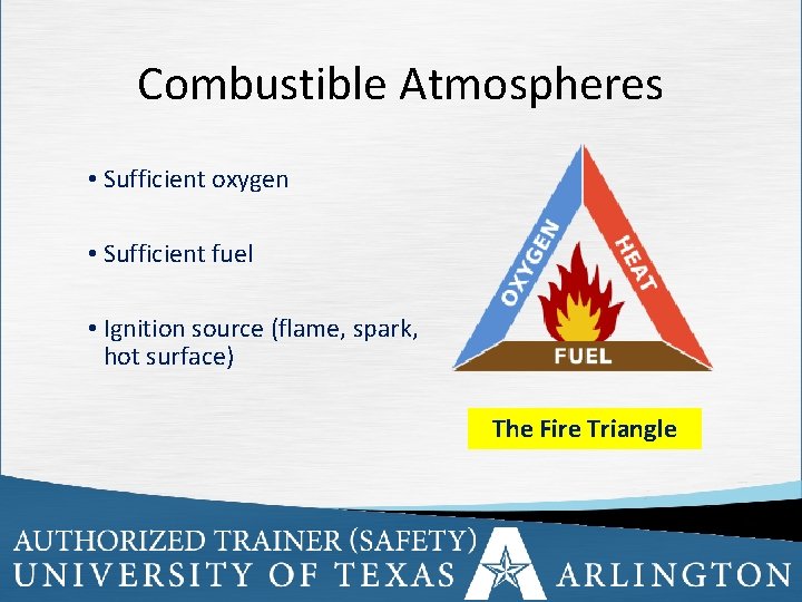 Combustible Atmospheres • Sufficient oxygen • Sufficient fuel • Ignition source (flame, spark, hot
