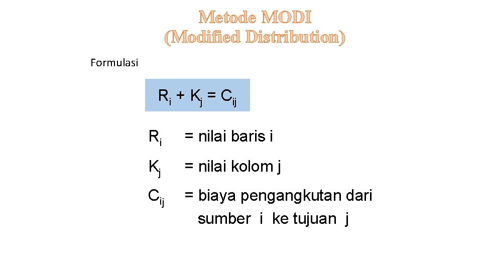 Metode MODI (Modified Distribution) Formulasi Ri + Kj = Cij Ri = nilai baris