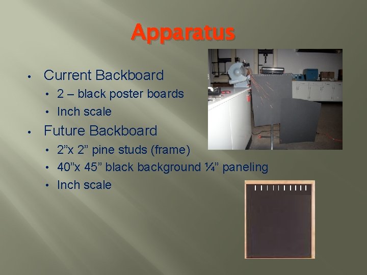 Apparatus • Current Backboard 2 – black poster boards • Inch scale • •