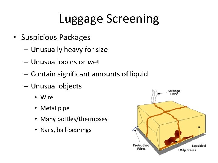 Luggage Screening • Suspicious Packages – Unusually heavy for size – Unusual odors or