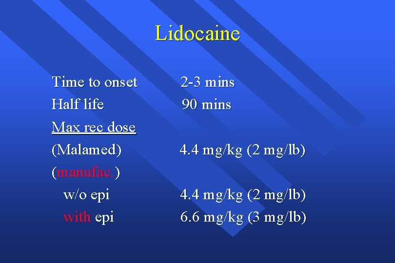 Lidocaine Time to onset Half life Max rec dose (Malamed) (manufac. ) w/o epi