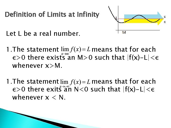 Definition of Limits at Infinity Let L be a real number. 1. The statement