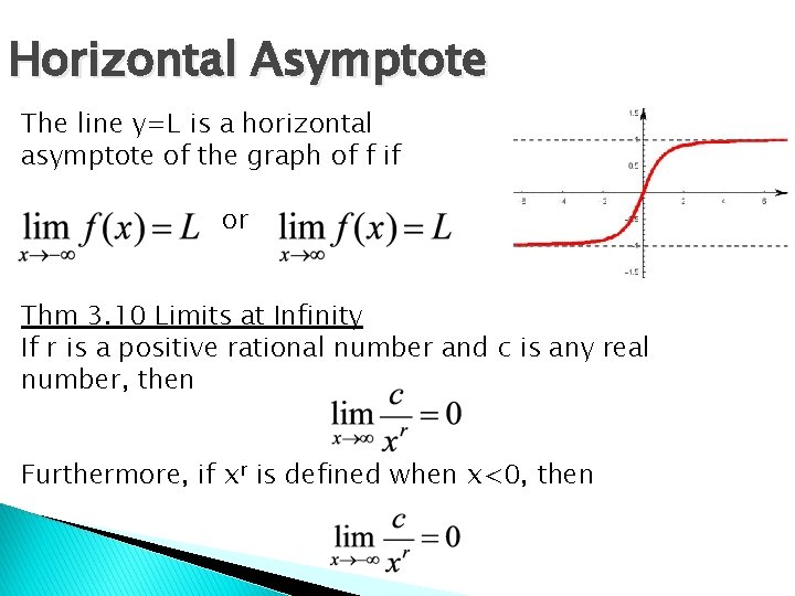 Horizontal Asymptote The line y=L is a horizontal asymptote of the graph of f