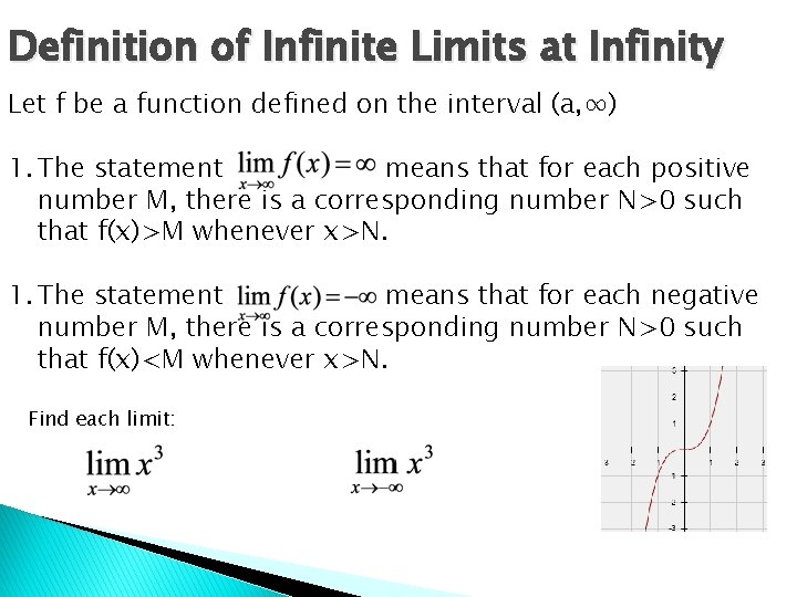 Definition of Infinite Limits at Infinity Let f be a function defined on the