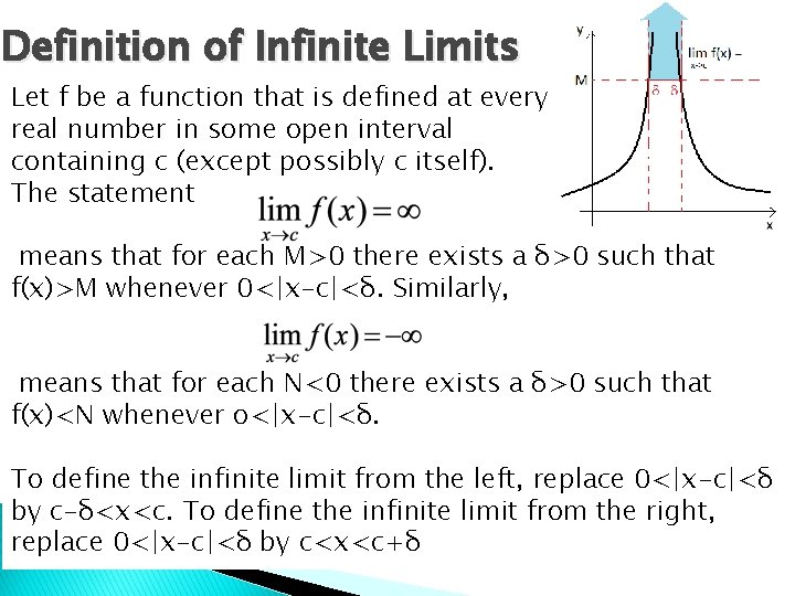 Definition of Infinite Limits ∞ Let f be a function that is defined at