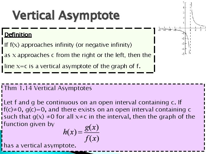 Vertical Asymptote Definition If f(x) approaches infinity (or negative infinity) as x approaches c